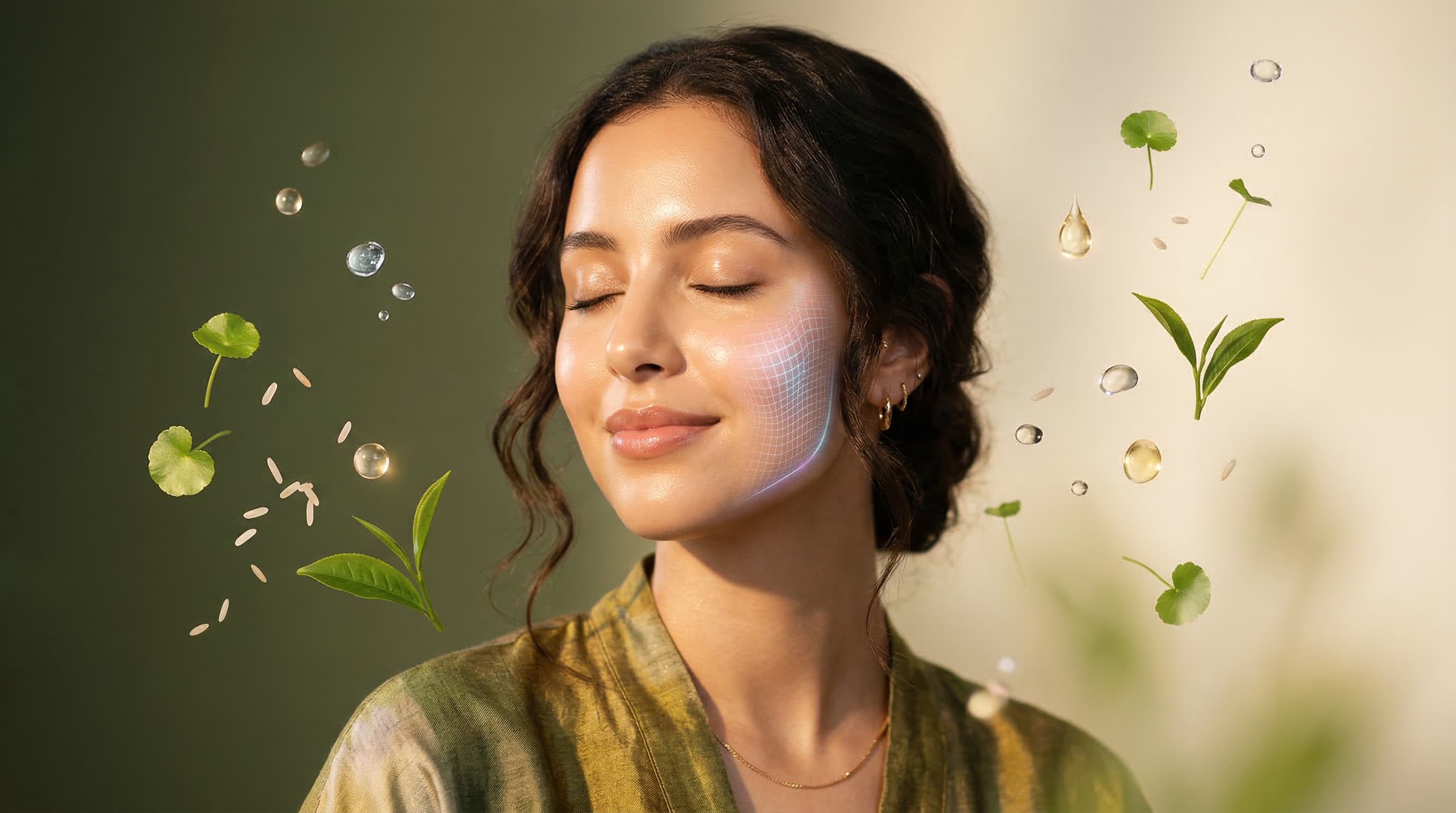 Femme avec une peau lumineuse et analyse IA — Sanglow K-Beauty